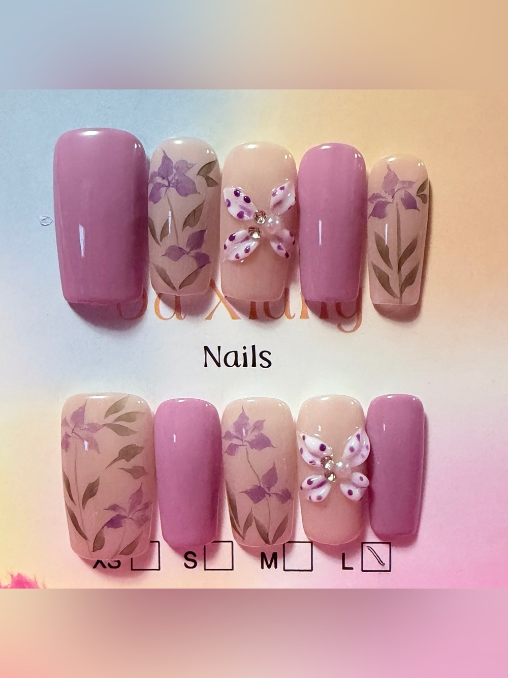 Pink Floral Press-On Nail Set with 3D Butterfly Accent